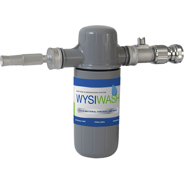 Wysiwash-V Sanitizer power washer hydro-injection venturi system hose-end sprayer cleans and sanitizes with hypochlorous acid.