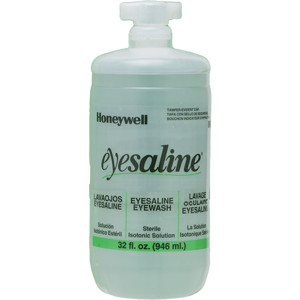 Emergency Eyewash replacement bottle of sterile, buffered, isotonic saline solution. Tamper-resistant with twist-off that is easily removed in emergencies.
