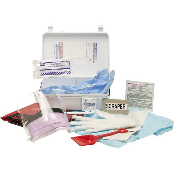 Bloodborne pathogen response clean-up kit contains a protective gown, gloves, face mask with eye shield and body fluid clean-up supplies.
