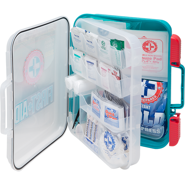 326 piece OSHA aquatics first aid center has a multi-compartment organizer case with a clear cover for quick visibility. Rubber gasket seal keeps out water, dirt and grime.