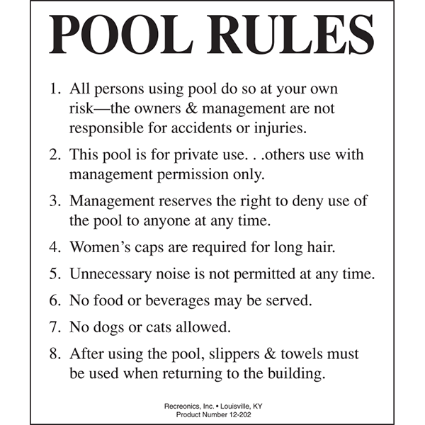 Pool rules swimming pool sign is for commercial aquatic facilities, meeting the requirements of most state and municipal codes. Made of weatherproof plastic.