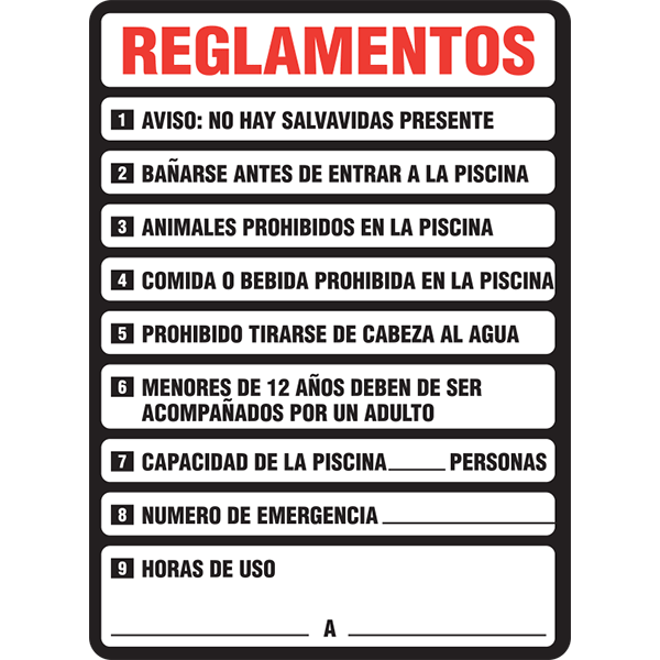 Spanish Pool Rules - Reglamentos sign provides swimming pool rules in Spanish. Dimensions: 18" x 24"