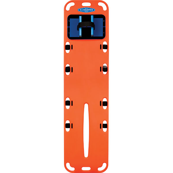 CJ Rescue 6 Spineboard Kit is highly-visible, lightweight roto-molded plastic with head immobilizer and high-grade nylon body straps with Velcro fasteners.