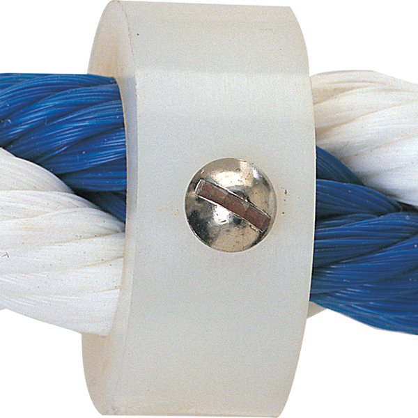 Heavy-duty machined nylon swimming pool rope float collar with locking screw.