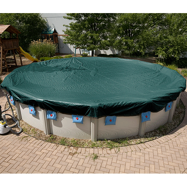 Above-ground winter swimming pool cover with UV resistant, laminated polyethylene sheeting.