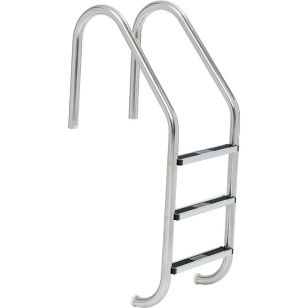Standard pool ladder is made of T-304 stainless steel tubing and stainless steel steps with plastic safety tread inserts.