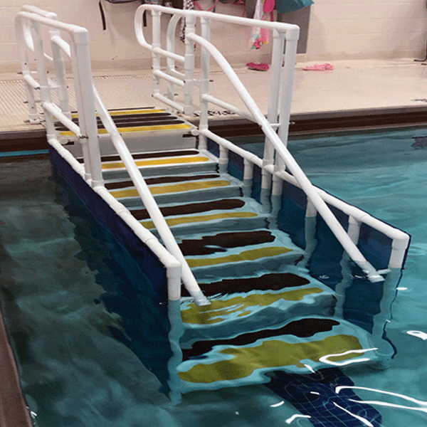 AquaTrek 2 Walking Ladder is a forward walking pool ladder with uniform riser heights, 12" tread depth, closed risers and 24" width between handrails