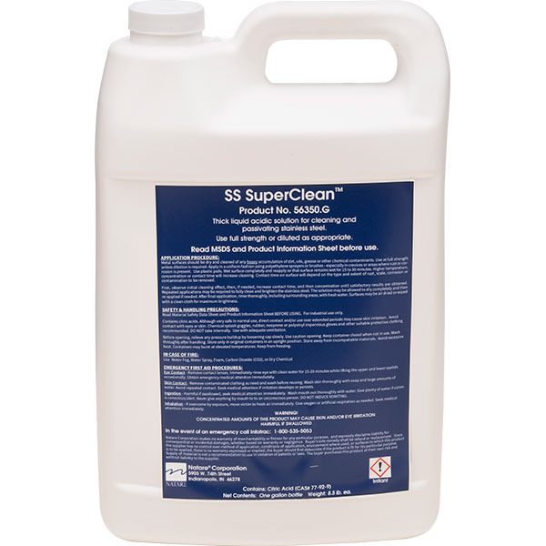 Stainless Steel SuperClean is a safe, non-foaming, citric acid based general cleaner and passivator that contains no hazardous ingredients or phosphates.