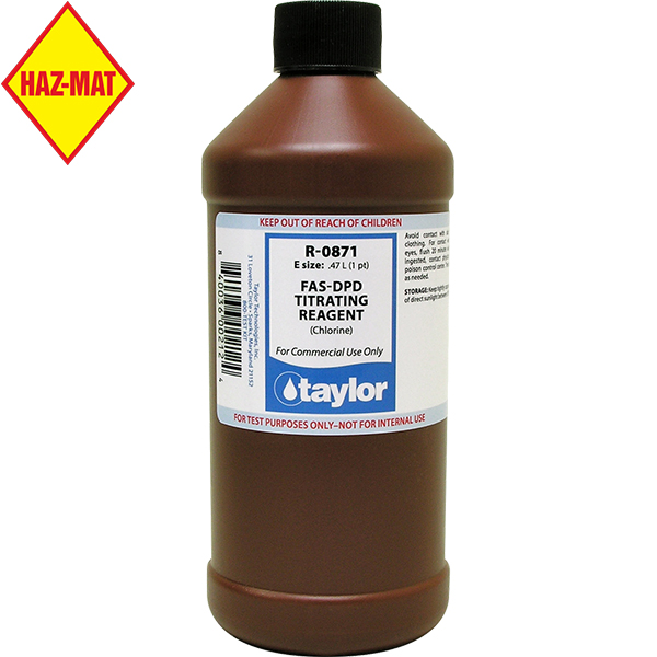 Taylor Swimming Pool Replacement Test Reagent R-0871 FAS-DPD Titrating - pint. This product has a Haz-Mat classification.