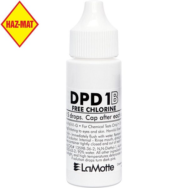 LaMotte Reagent Chlorine DPD 1B - 30 ml is a liquid reagent for swimming pool water testing. LaMotte Replacement Testing Reagent: P-6741-G. This product has a Haz-Mat classification.