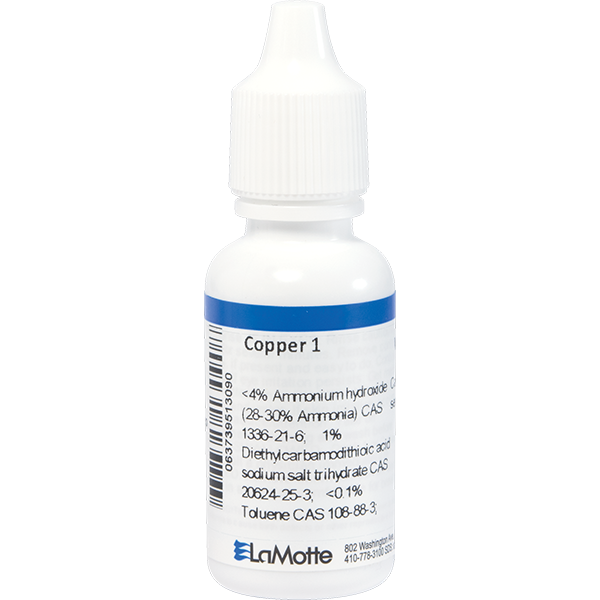 LaMotte Reagent Copper - 15 ml is a liquid reagent for swimming pool water testing. LaMotte Replacement Testing Reagent: P-6446-E