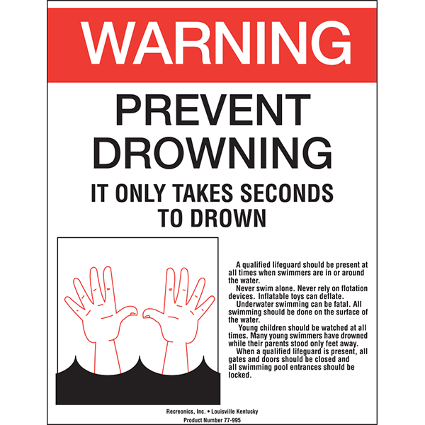 WARNING - Prevent drowning sign for all swimming pool and aquatic facilities.