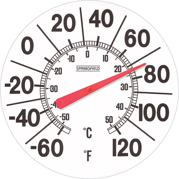 12" Big and Bold patio thermometer has Fahrenheit and Celsius temperature markings.