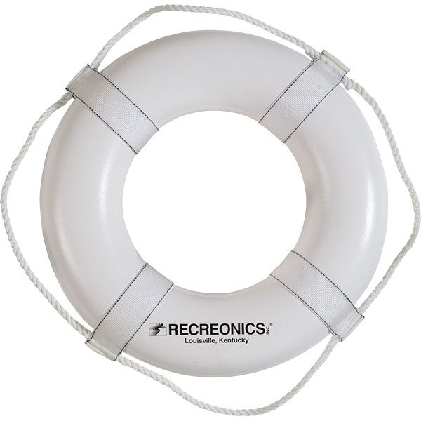 Recreonics 20" white ring buoys are USCG approved PFD Type IV, solid closed cell plastic, molded internal metal ring molded and integral rope.
