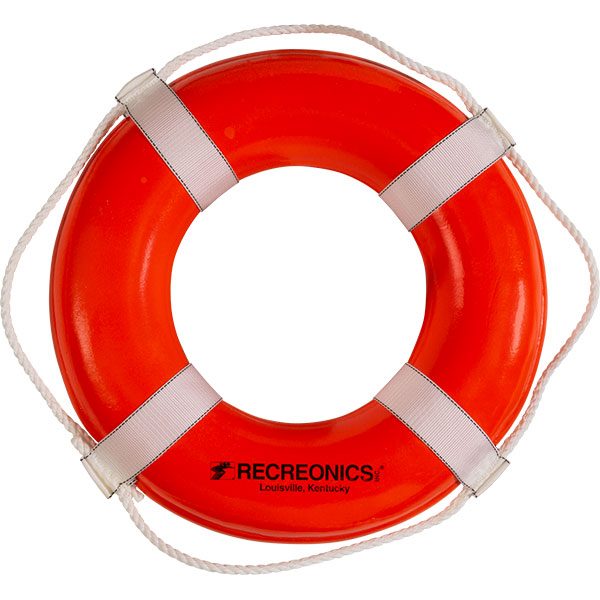 Recreonics 20" orange ring buoys are USCG approved PFD Type IV, solid closed cell plastic, molded internal metal ring molded and integral rope.