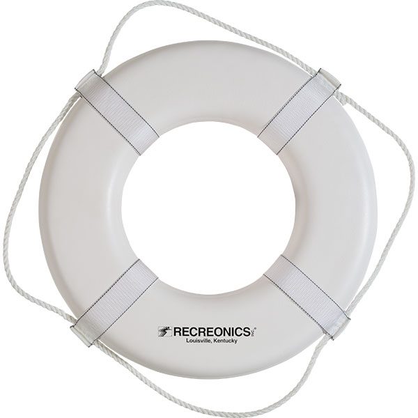 Recreonics 24" white ring buoys are USCG approved PFD Type IV, solid closed cell plastic, molded internal metal ring molded and integral rope.