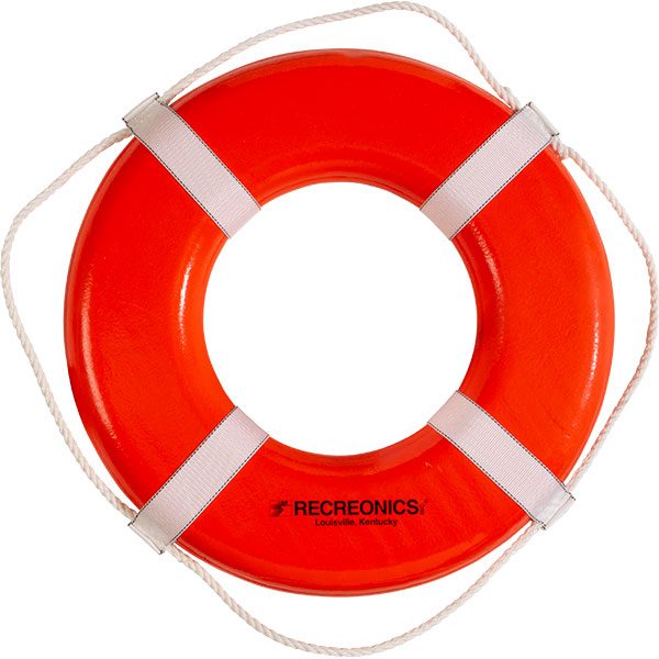 Recreonics 24" orange ring buoys are USCG approved PFD Type IV, solid closed cell plastic, molded internal metal ring molded and integral rope.