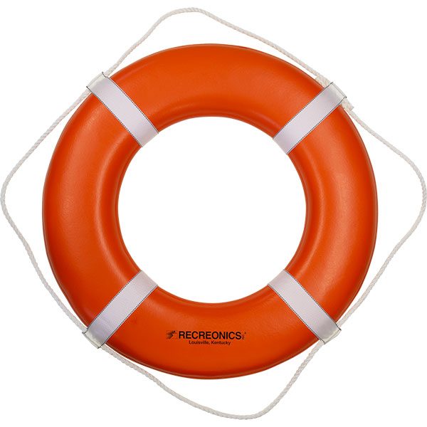 Recreonics 30" orange ring buoys are USCG approved PFD Type IV, solid closed cell plastic, molded internal metal ring molded and integral rope.