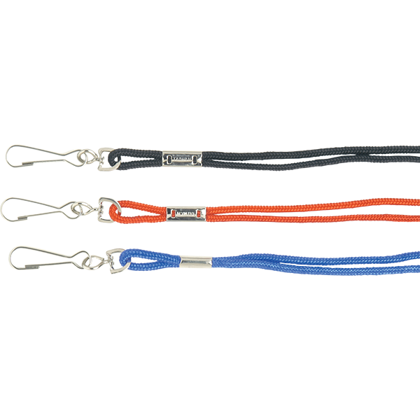 19" whistle lanyards are made of a sturdy nylon braid with a metal clasp to attach any whistle. Available in blue, black and red.