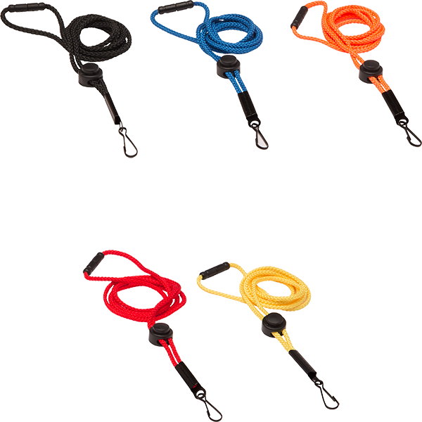Fox 40 break-away lanyards have a 3/16" woven-rope weave that releases with tension and include J-hook and button-style spring-loaded adjustable cord lock.