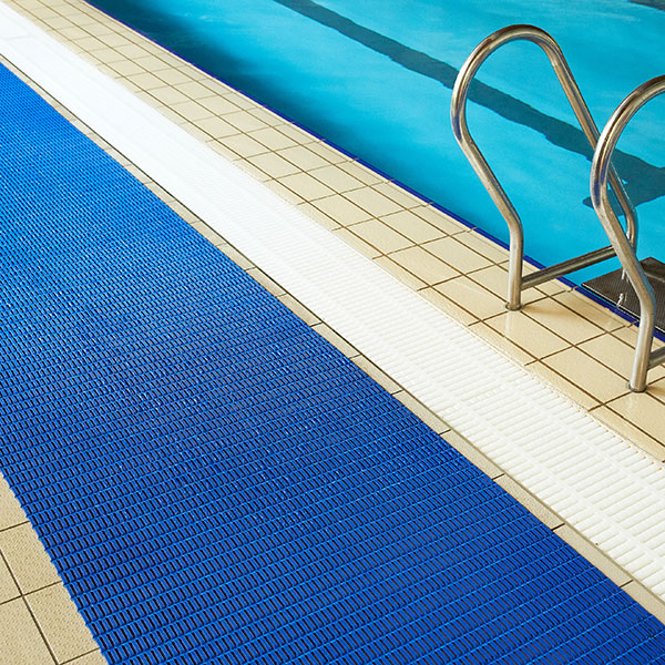 Floorline Low Traffic Slip-Resistant Open-Grid Swimming Pool Matting with Anti-Microbial and Anti-Fungal Agents.