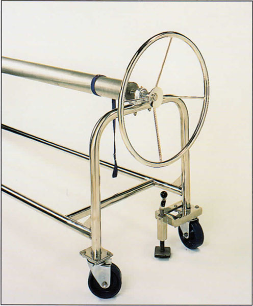 ThermGard thermal pool cover storage reels feature jack brakes to stabilize the reel while in use and large diameter hand wheels on each end of the tube aid in winding and un-winding the pool cover