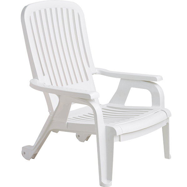 Bahia resin stacking chair is a versatile pool side lounger with an extra wide seat and back, spacious armrests, and pull-out footrest for added comfort.
