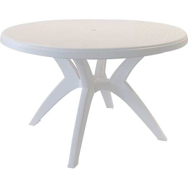 Ibiz 46" round pedestal poolside table is made of 100% prime resin and is impervious to salt air and chlorine.