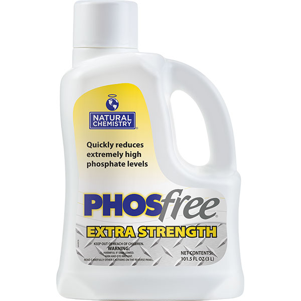 Natural Chemistry’s PHOSfree Extra Strength quickly reduces high phosphate levels in swimming pools.