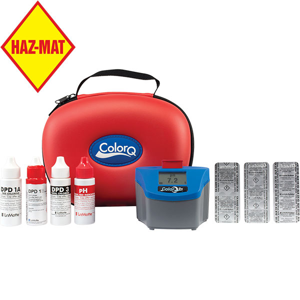 LaMotte's ColorQ 2x Pro 7 Kit hand held pool water testing photometer directly measures seven parameters on a digital display using both liquid reagents and Testabs. This product has a Haz-Mat classification.