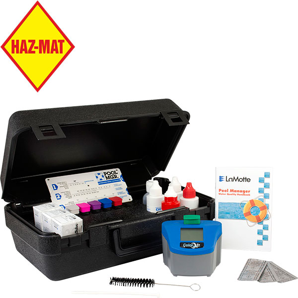 LaMotte's ColorQ 2x Pro 7-Plus Kit hand held pool water testing photometer directly measures seven parameters on a digital display using both liquid reagents and Testabs. This product has a Haz-Mat classification.
