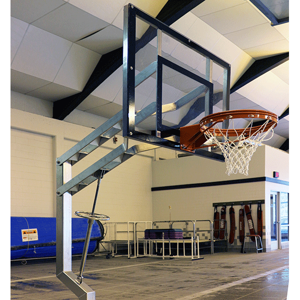 Slamma adjustable basketball swimming pool game features a 4" square stainless-steel pedestal, 36" x 48" clear backboard and double ring static rim.