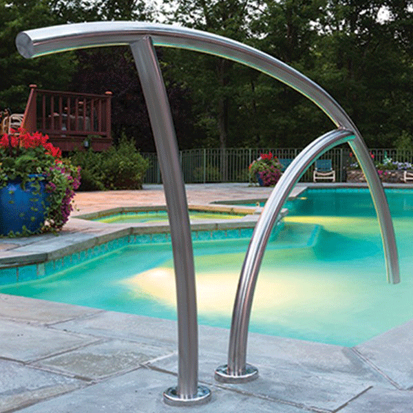 S. R. Smith's Artisan Series deck mounted pool stair rail is an elegant look to any pool.
