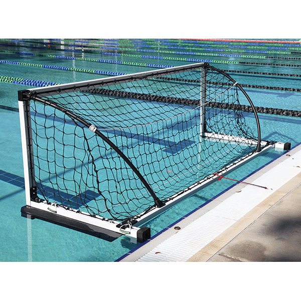 Anti-Wave folding global water polo goals made of marine grade powder coated aluminum extrusions, 316 stainless steel fittings.