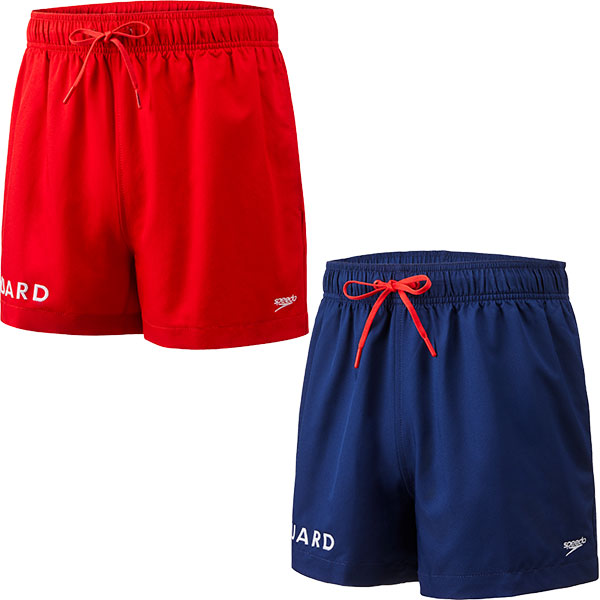 Speedo's men's 14" volley lifeguard short 100% Polyester Speedry fabric repels water and dries in record time. Elastic waistband, front draw cord, side seam pockets.