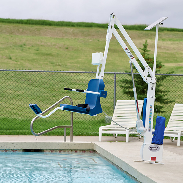 Aqua Creek Scout Excel pool lift has 360° rotation, adjustable seat height and is versatile enough to fit most pool profiles. 375 pound capacity. ADA, UL safety certified.